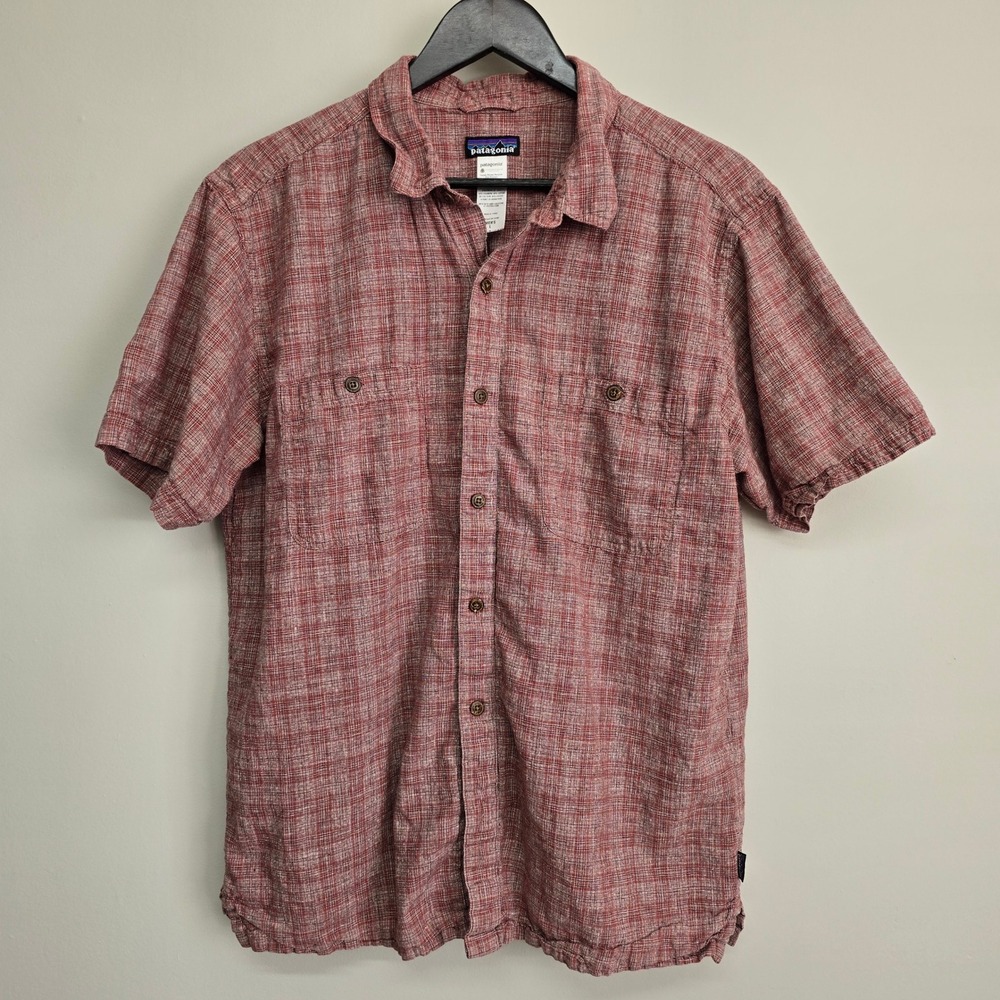 Patagonia Button Down Shirt Mens L Red Hemp Organic Cotton Textured Casual
